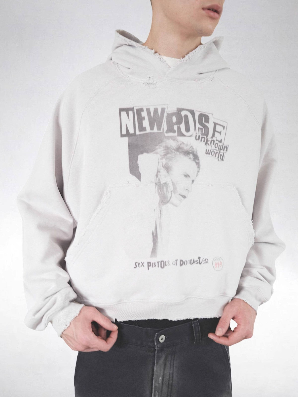UNKNOWNWORLD Distressed Punk Print Hoodie in Gray - On Male Model