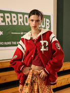 BEERBRO Detachable Hood Varsity Jacket in Red - On Female Model