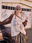 BEERBRO Distressed Graphic Off Shoulder Sweater in White - On Female Model