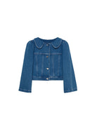 SHUSHUTONG Round Collar Cropped Denim Jacket in Blue
