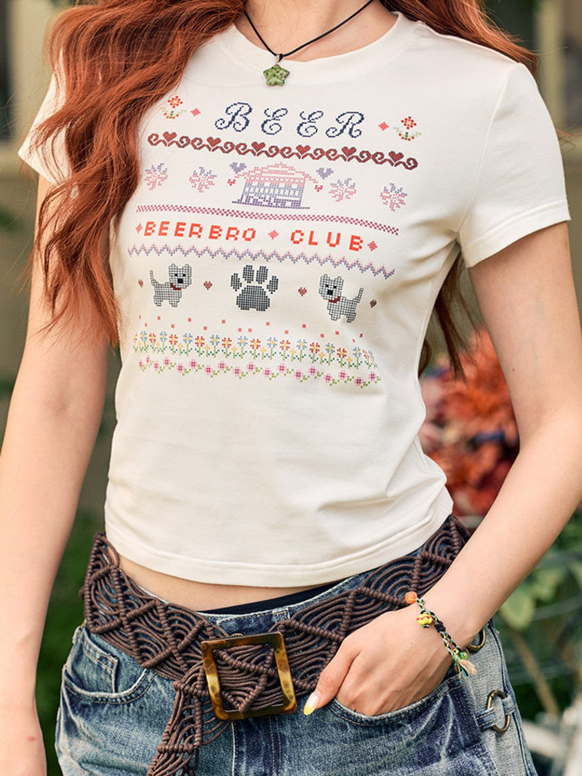 BEERBRO Mosaic Puppy Graphic Baby Tee in White - On Female Model