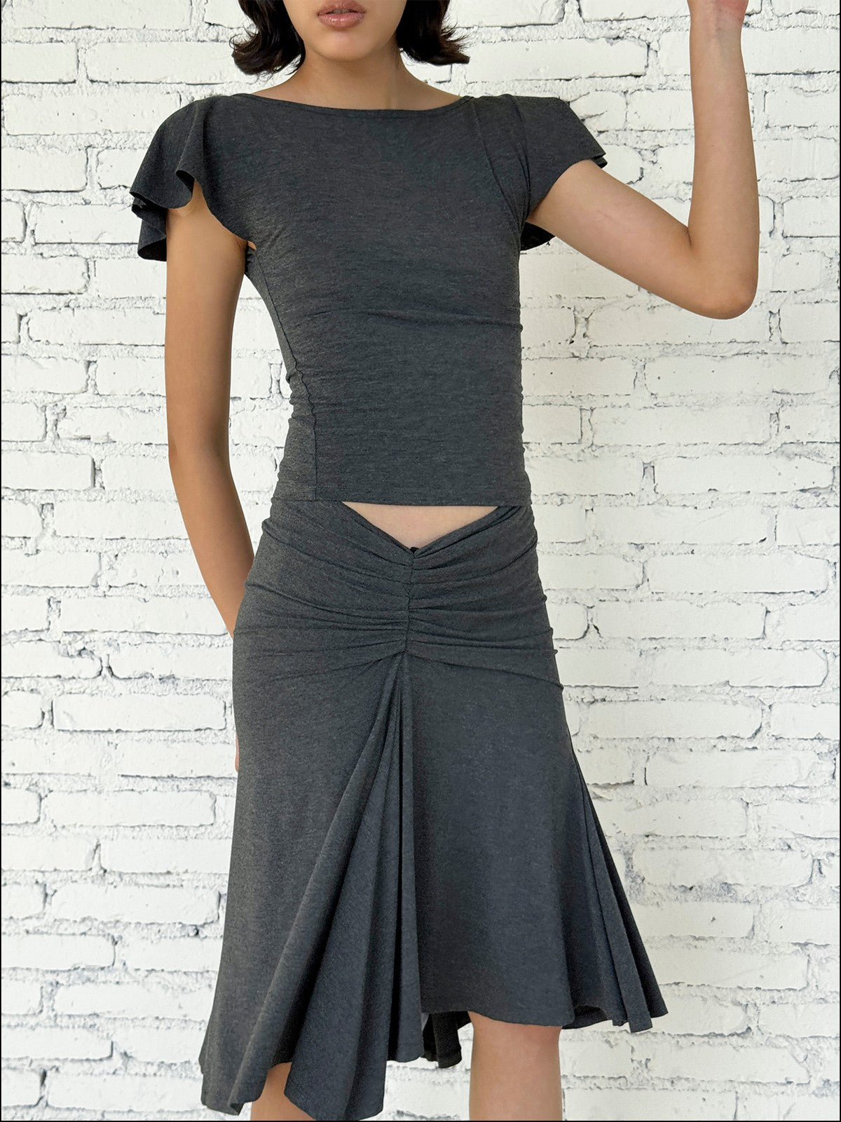FaxCopyExpress Flutter Sleeve Open Back Top in Gray - On Female Model