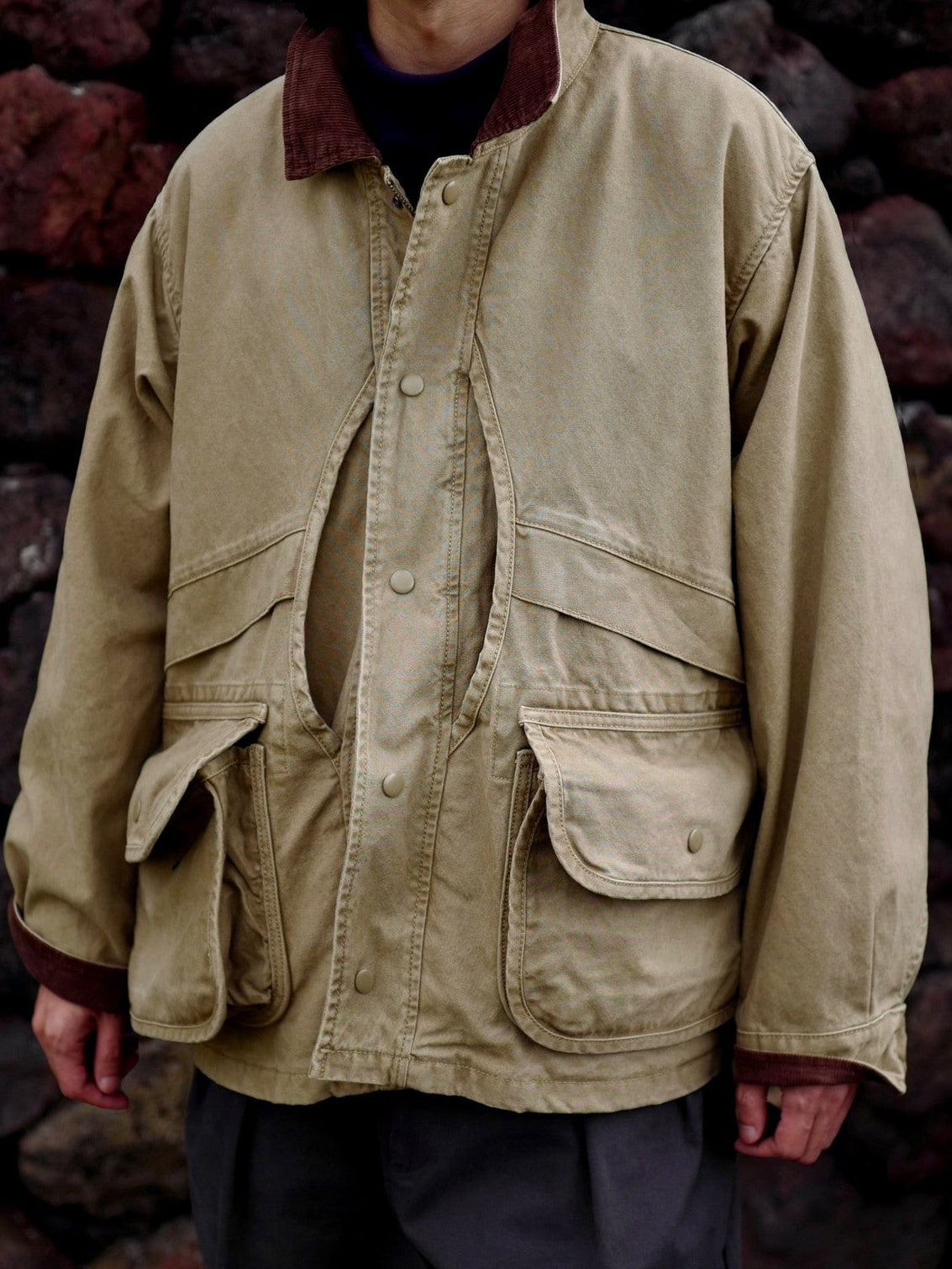 USAGE Heavyweight Cotton Canvas Barn Jacket in Beige - On Male Model
