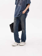 MASONPRINCE BESTMAN Puppy Graphic Cotton T Shirt in Navy Blue - On Model