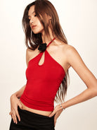 BEERBRO Rose Keyhole Halter Top in Red - On Female Model