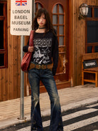 BEERBRO Studded Rhinestone Micro Flare Jeans in Navy - On Female Model