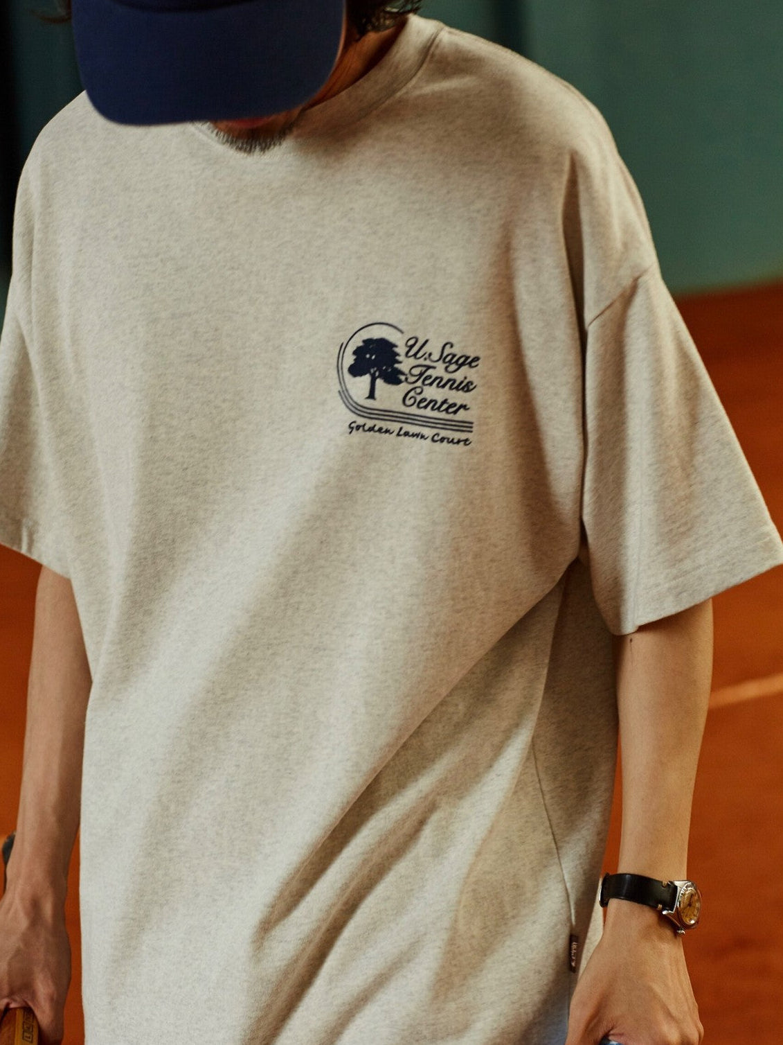 USAGE Retro Tennis Graphic Cotton T Shirt in Gray - On Male Model