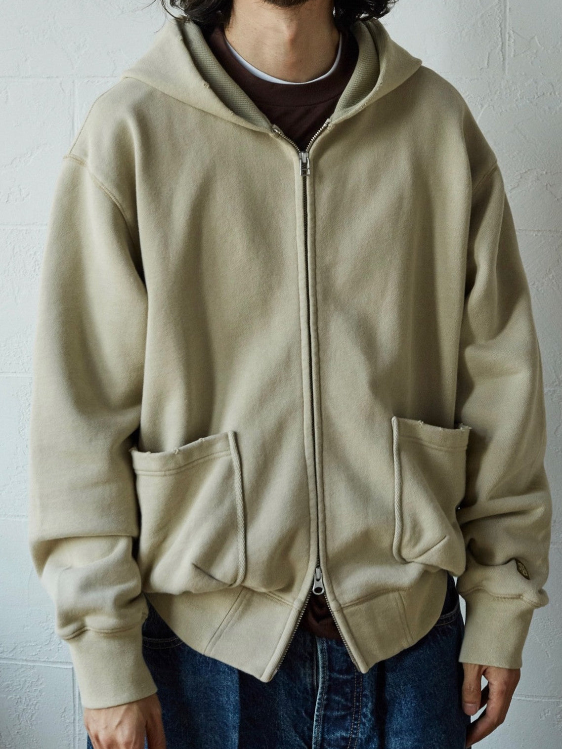 USAGE Hand Distressed Washed Zip Hoodie in Beige - On Male Model