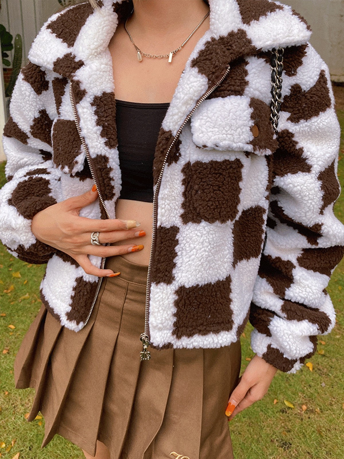 BEERBRO Checkerboard Cropped Jacket in White - On Female Model