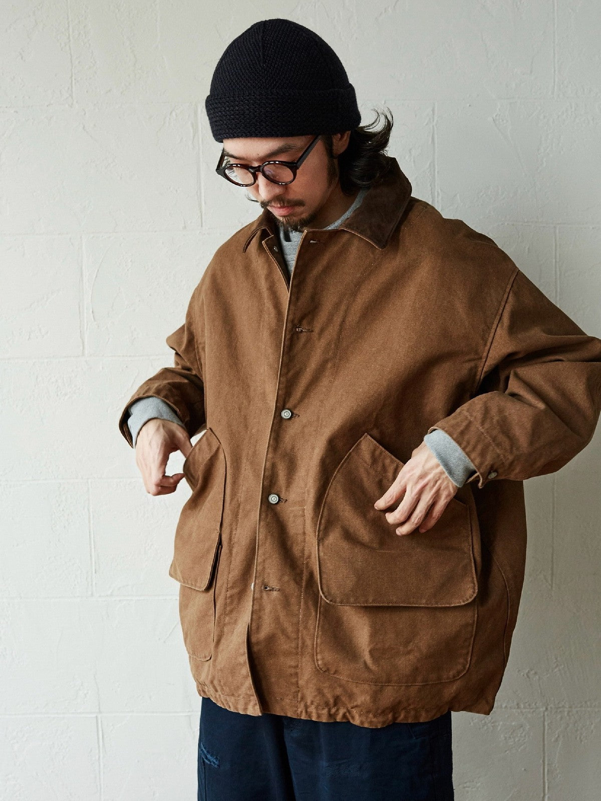 USAGE Heavyweight Canvas Hunting Jacket in Beige - On Male Model