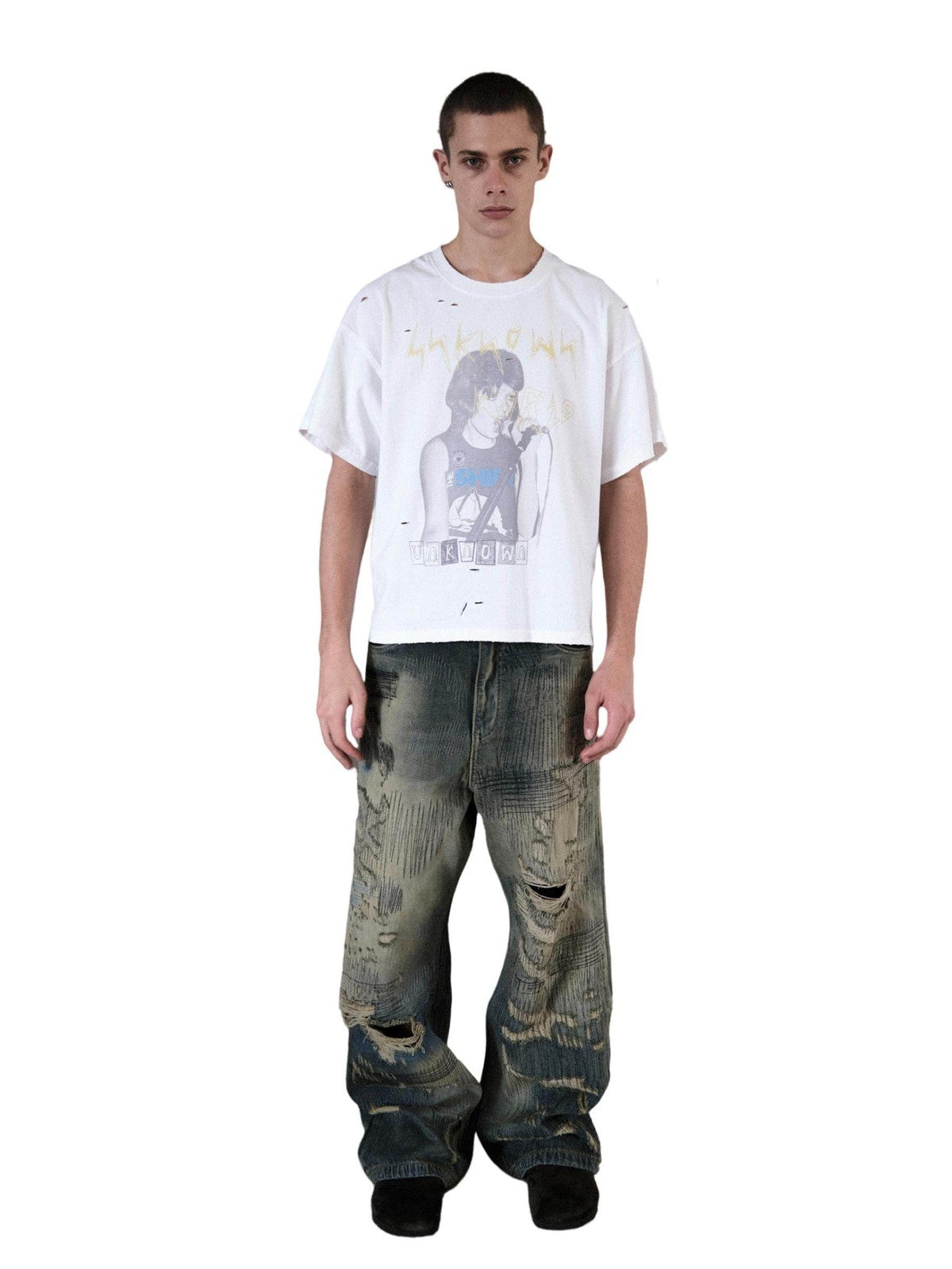 UNKNOWNWORLD Heavyweight Distressed Wide Leg Jeans in Denim - On Male Model