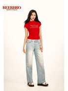 BEERBRO Studded Graphic Mock Neck Tee in Red - On Female Model