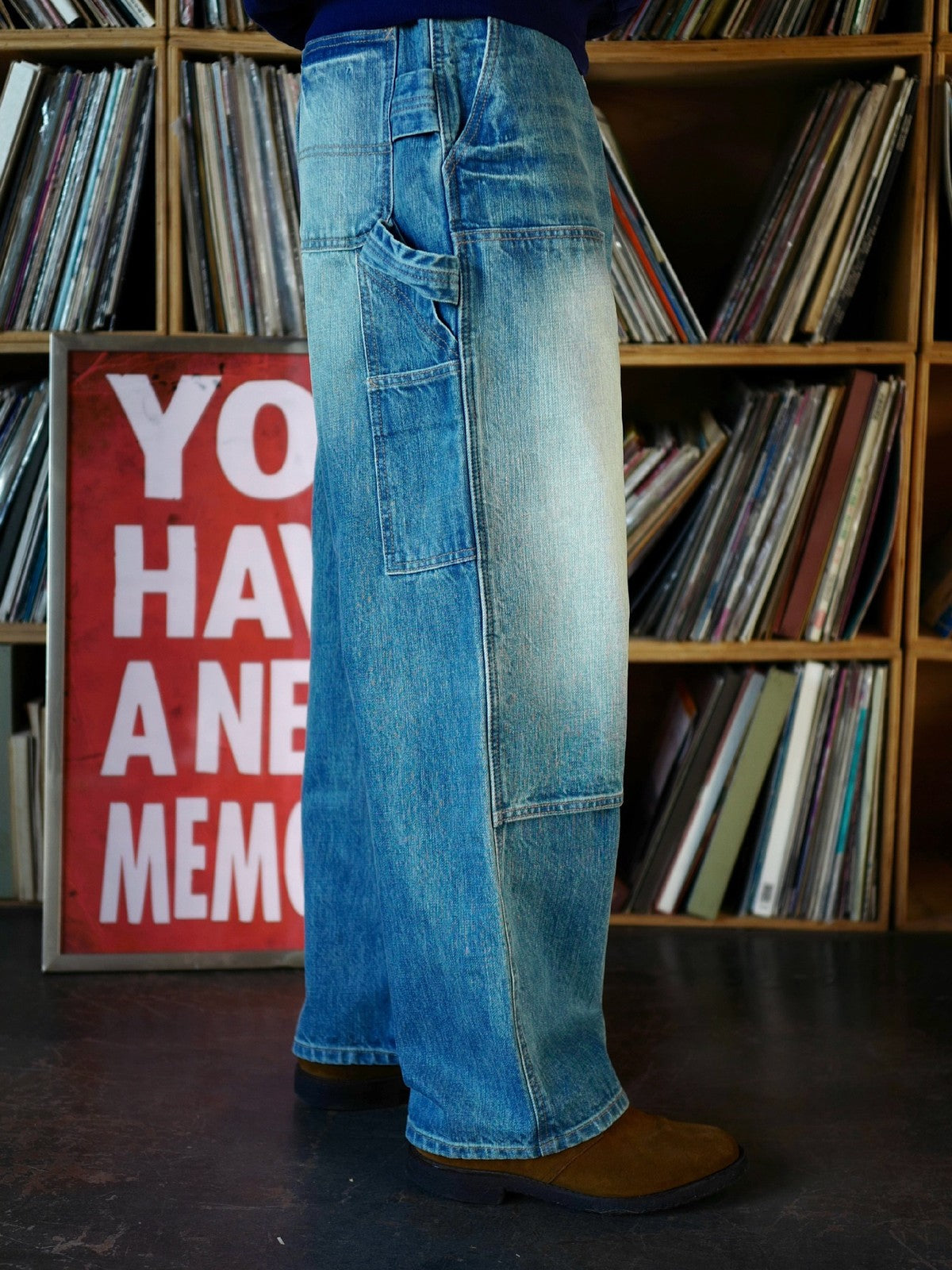 USAGE Washed Denim Double Knee Trousers in Denim - On Model