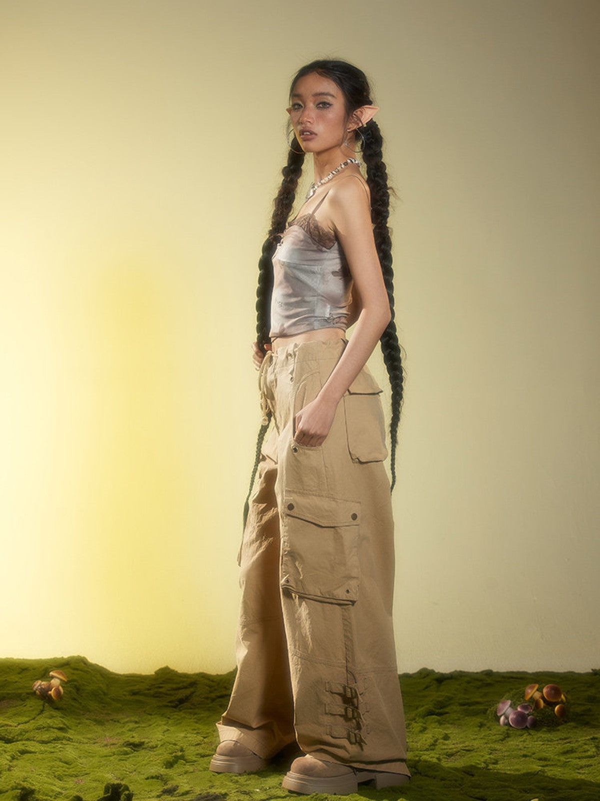 BEERBRO Drawstring Panelled Cargo Pants in Beige - On Female Model