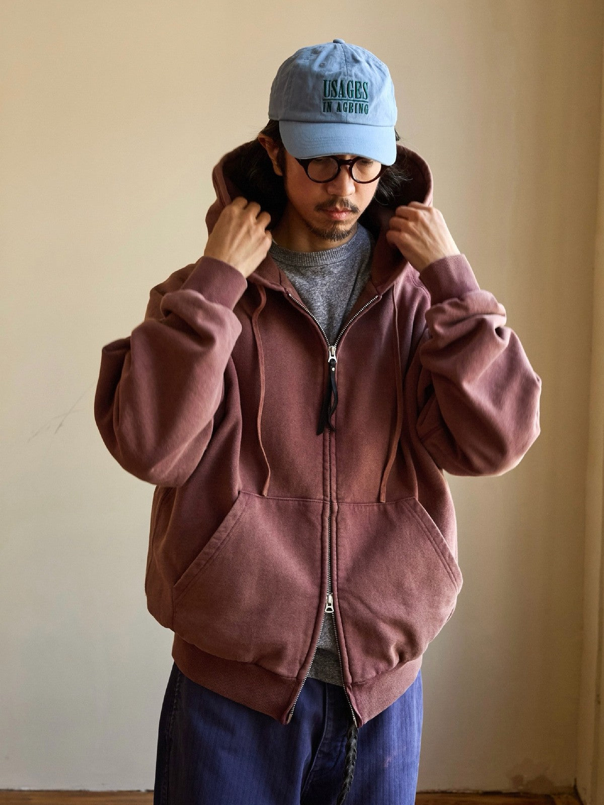 USAGE Vintage Washed Double Layer Zip Hoodie in Burgundy - On Male Model