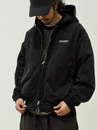 USAGE Crinkle Nylon Hooded Track Jacket in Black - On Male Model