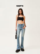 SMFK High Waisted Horseshoe Flare Jeans in Blue - On Female Model