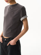BLINDNOPLAN Embroidered Mock Two Piece T Shirt in Gray - On Female Model