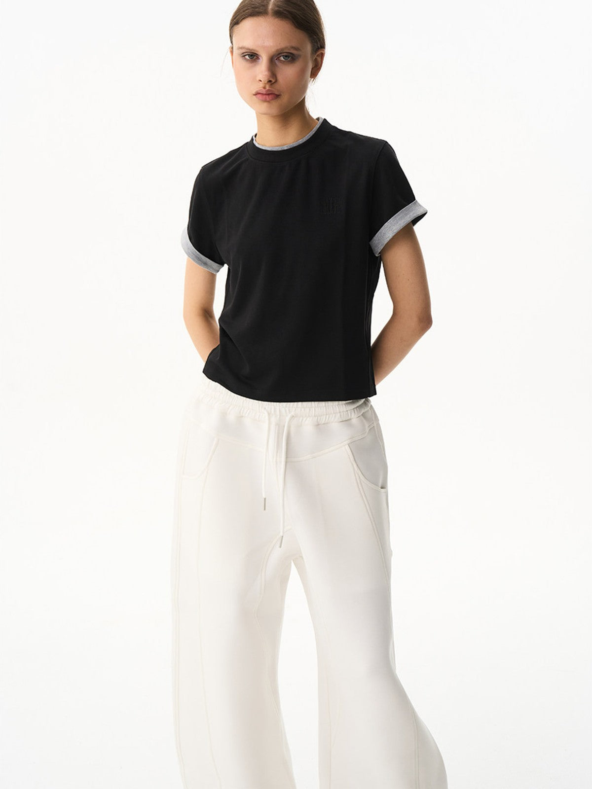 BLINDNOPLAN Embroidered Mock Two Piece T Shirt in Black - On Female Model