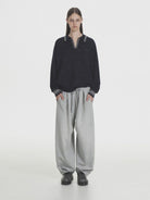 MASONPRINCE Wide Leg Inverted Pleat Sweatpants in Gray - On Female Model