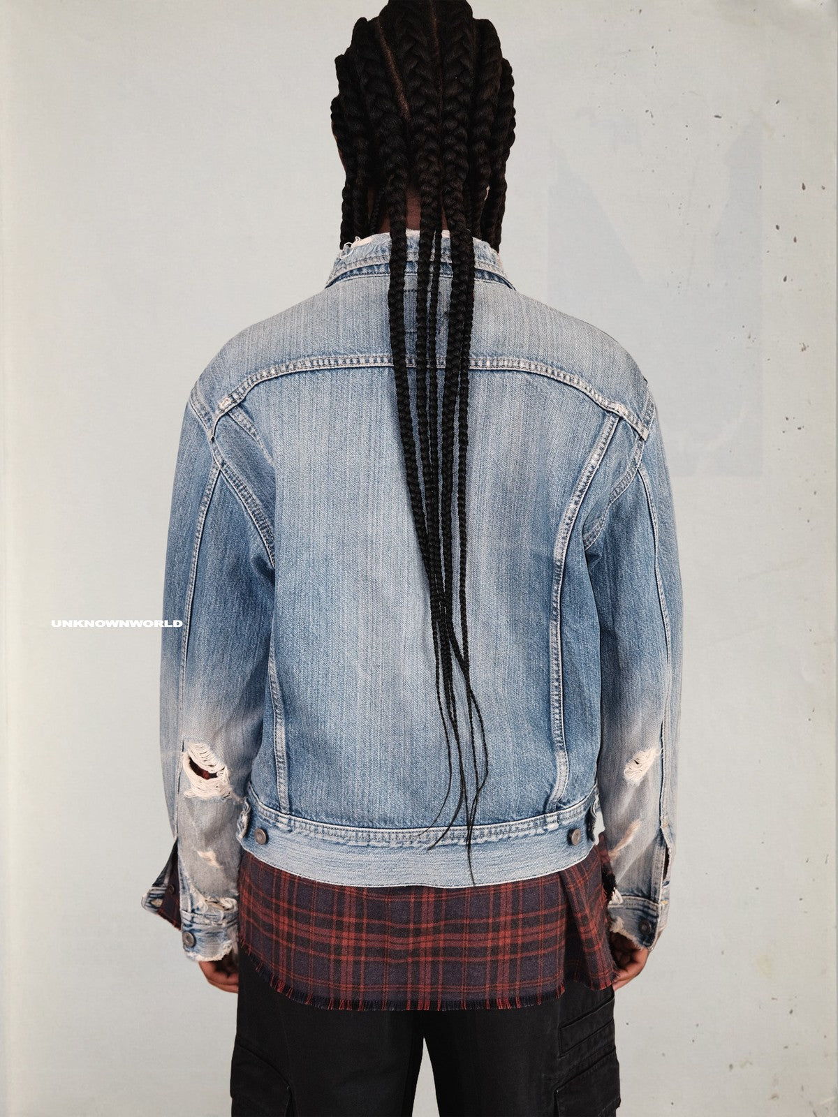UNKNOWNWORLD Heavy Distressed Denim Jacket in Blue - On Model