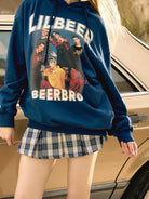 BEERBRO Retro Graphic Print Hoodie in Navy Blue - On Female Model