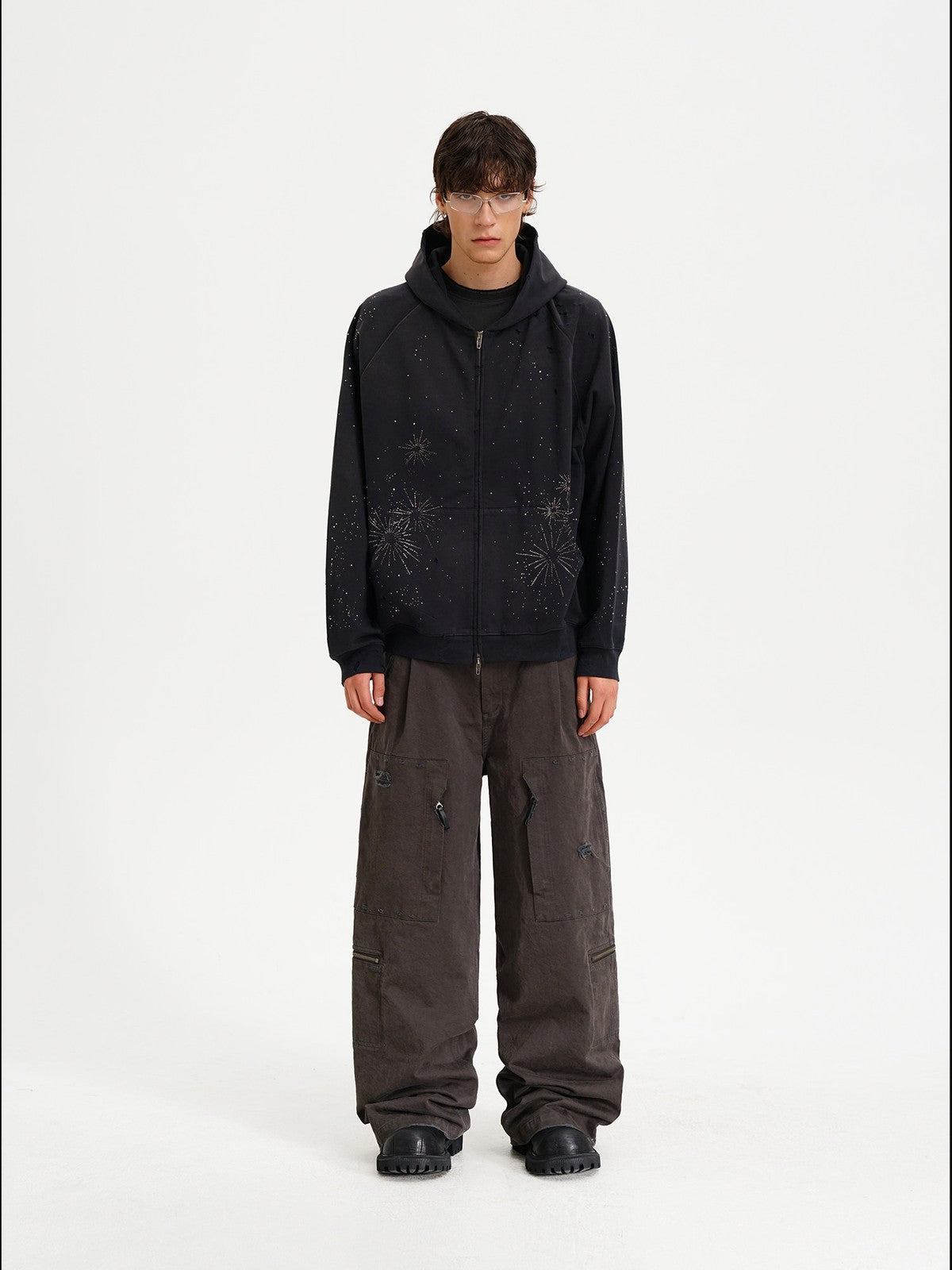 MASONPRINCE Fireworks Cotton Zip Up Hoodie in Black - On Male Model