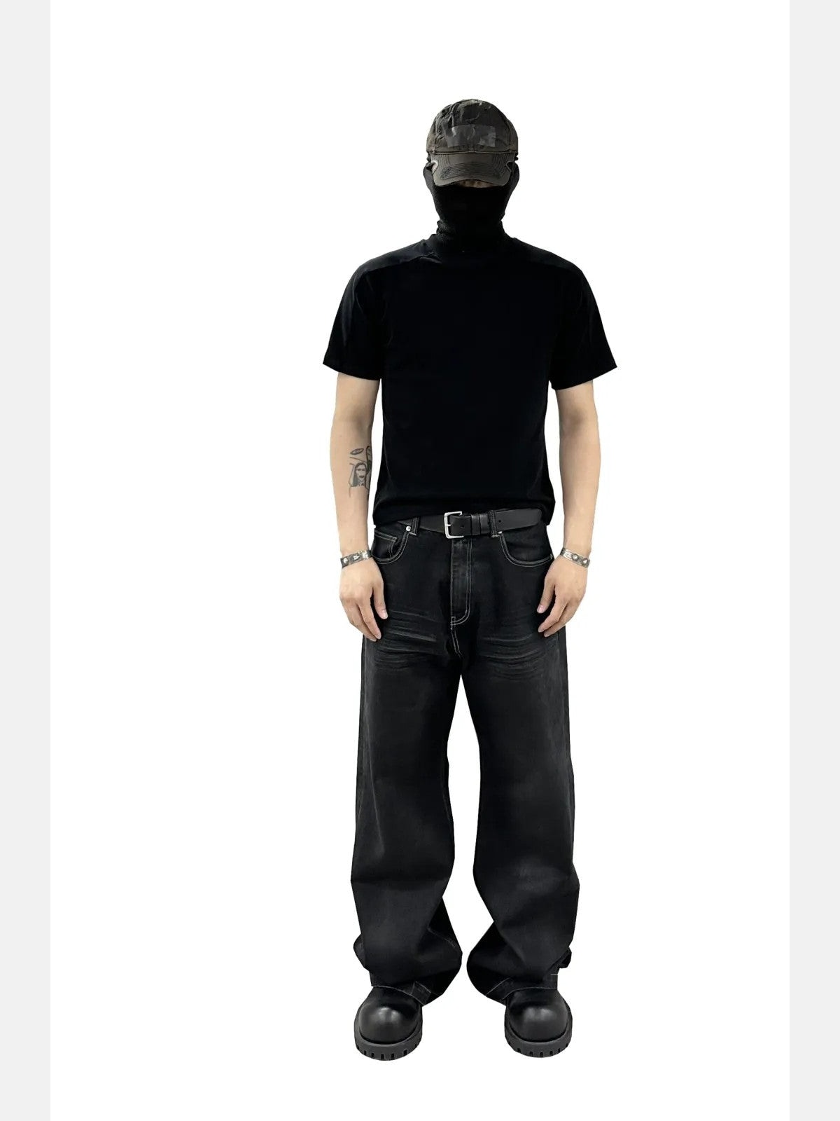 UNKNOWNWORLD Washed Waxed Wide Leg Jeans in Black - On Model