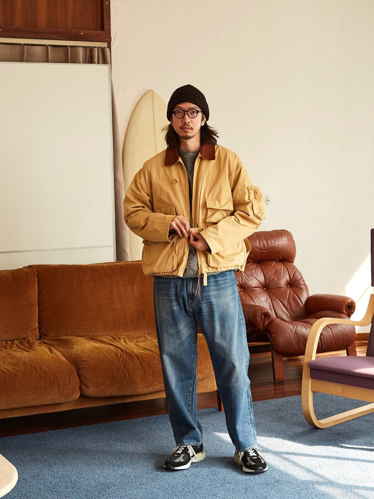 USAGE Corduroy Collar Cotton Fishing Jacket in Beige - On Male Model