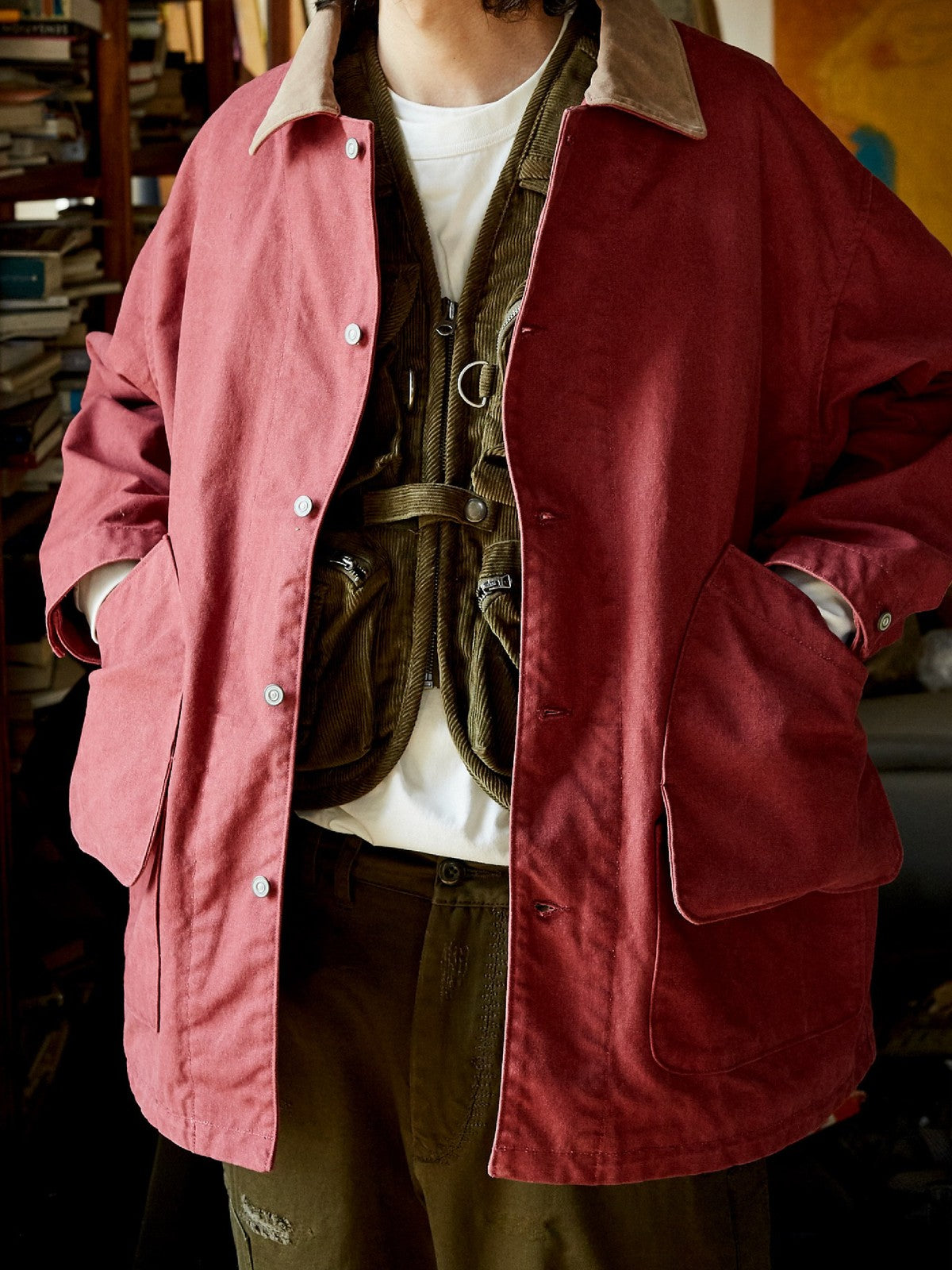USAGE Heavyweight Canvas Hunting Jacket in Burgundy - On Male Model