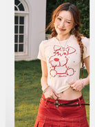 BeerBro Schnauzer Rhinestone Cropped Tee in Cream - On Female Model