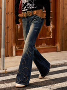 BEERBRO Studded Rhinestone Micro Flare Jeans in Navy - On Female Model