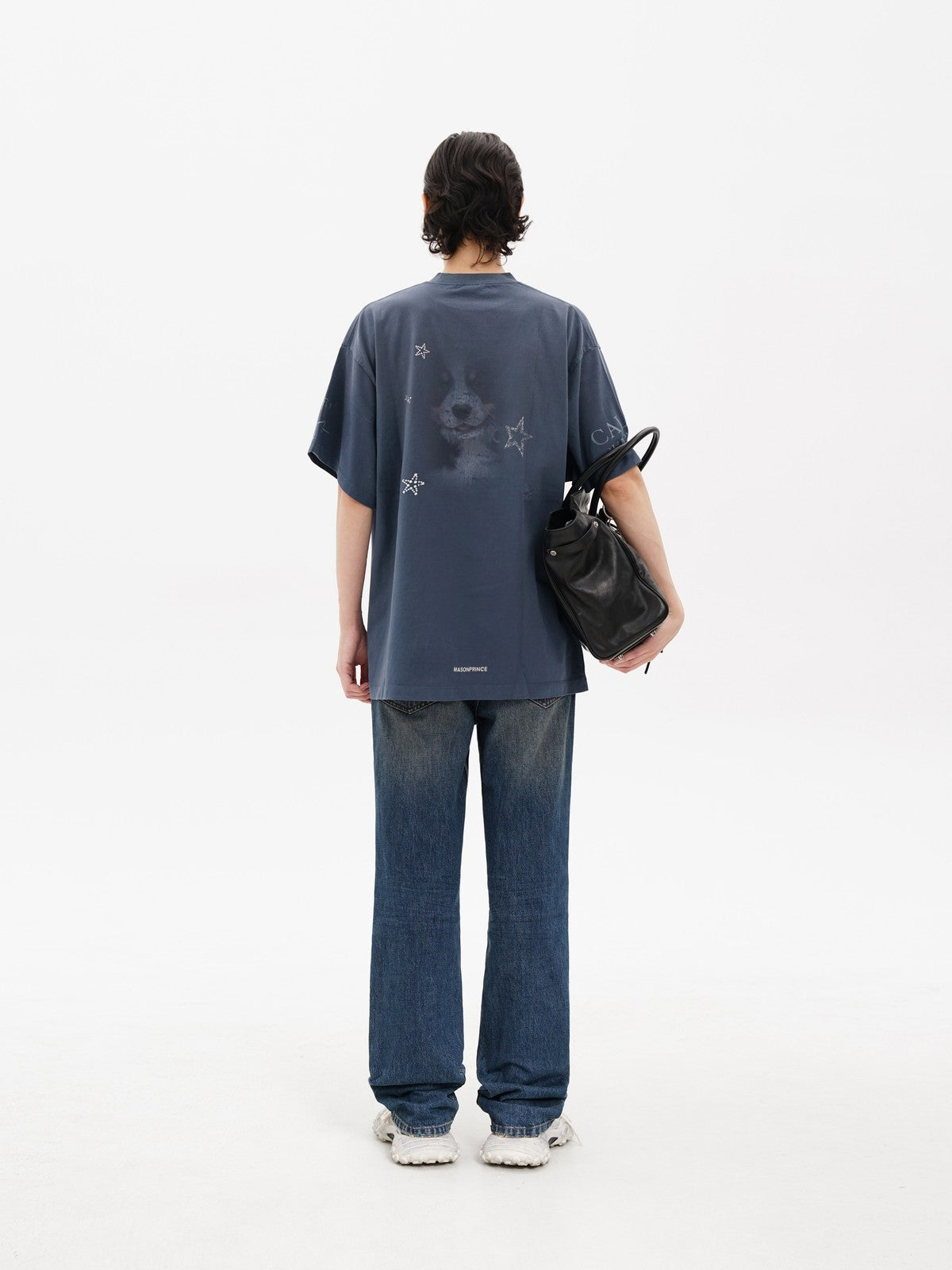 MASONPRINCE BESTMAN Puppy Graphic Cotton T Shirt in Navy Blue - On Model