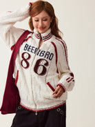 BEERBRO Varsity Patch Zip Up Cardigan in Off-White - On Female Model