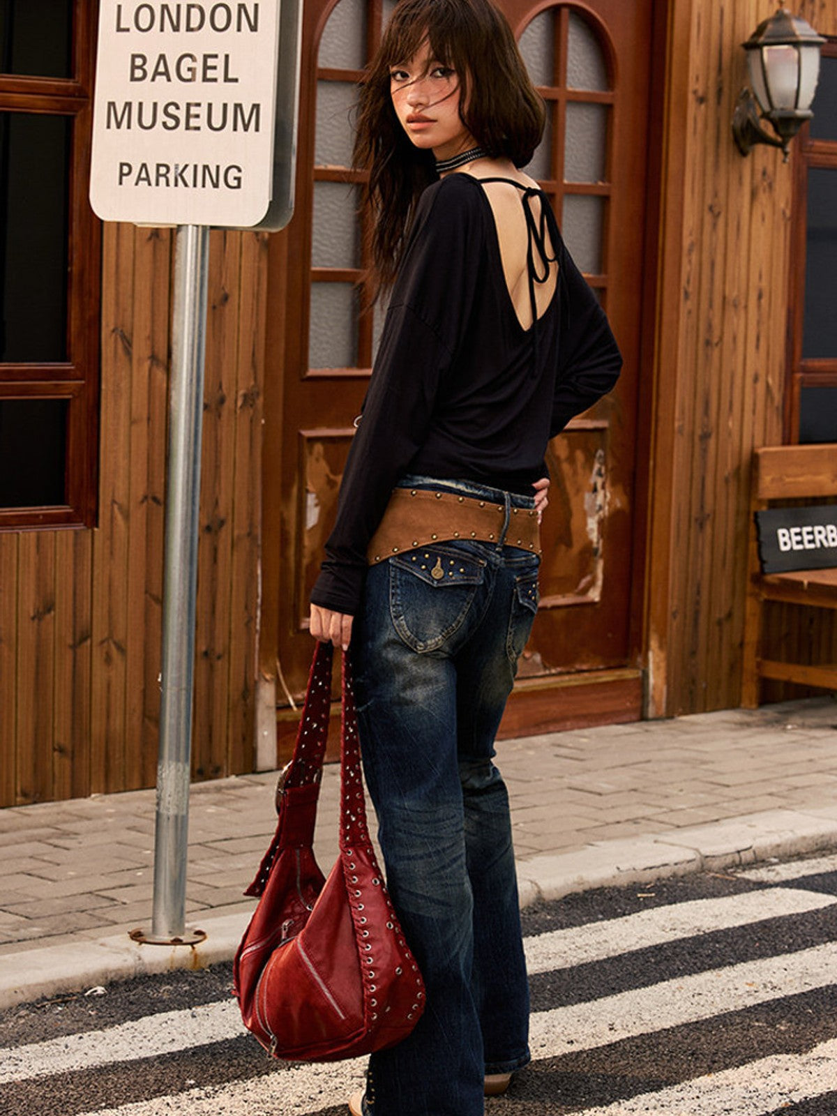 BEERBRO Studded Rhinestone Micro Flare Jeans in Navy - On Female Model