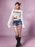 BEERBRO Jacquard Knit Shrug Cami Set in White - On Female Model
