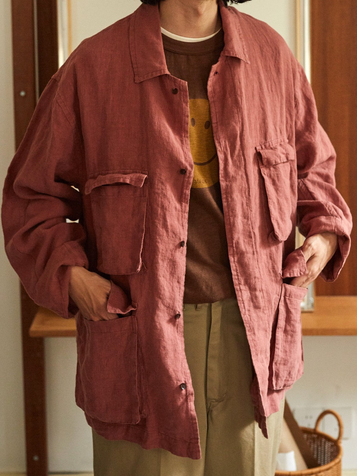 USAGE Linen Four Pocket BDU Jacket in Pink - On Male Model
