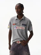 BLINDNOPLAN Waffle Knit Patch Polo Shirt in Gray - On Male Model
