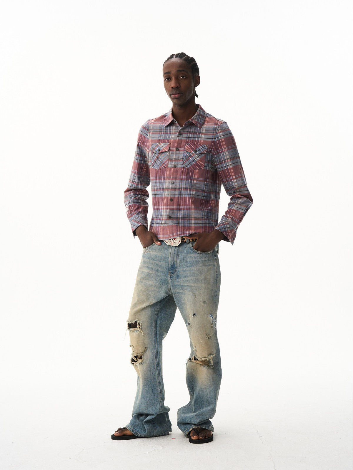 BLINDNOPLAN Cropped Plaid Button Down Shirt in Blue - On Male Model