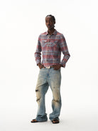 BLINDNOPLAN Cropped Plaid Button Down Shirt in Blue - On Male Model