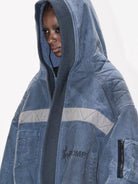BLINDNOPLAN Distressed Hooded MA 1 Bomber Jacket in Blue - On Female Model