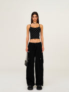 SMFK Wide Leg Parachute Cargo Pants in Black - On Female Model