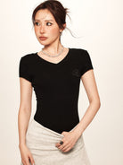 BEERBRO Slim Fit V Neck T Shirt in Black - On Female Model