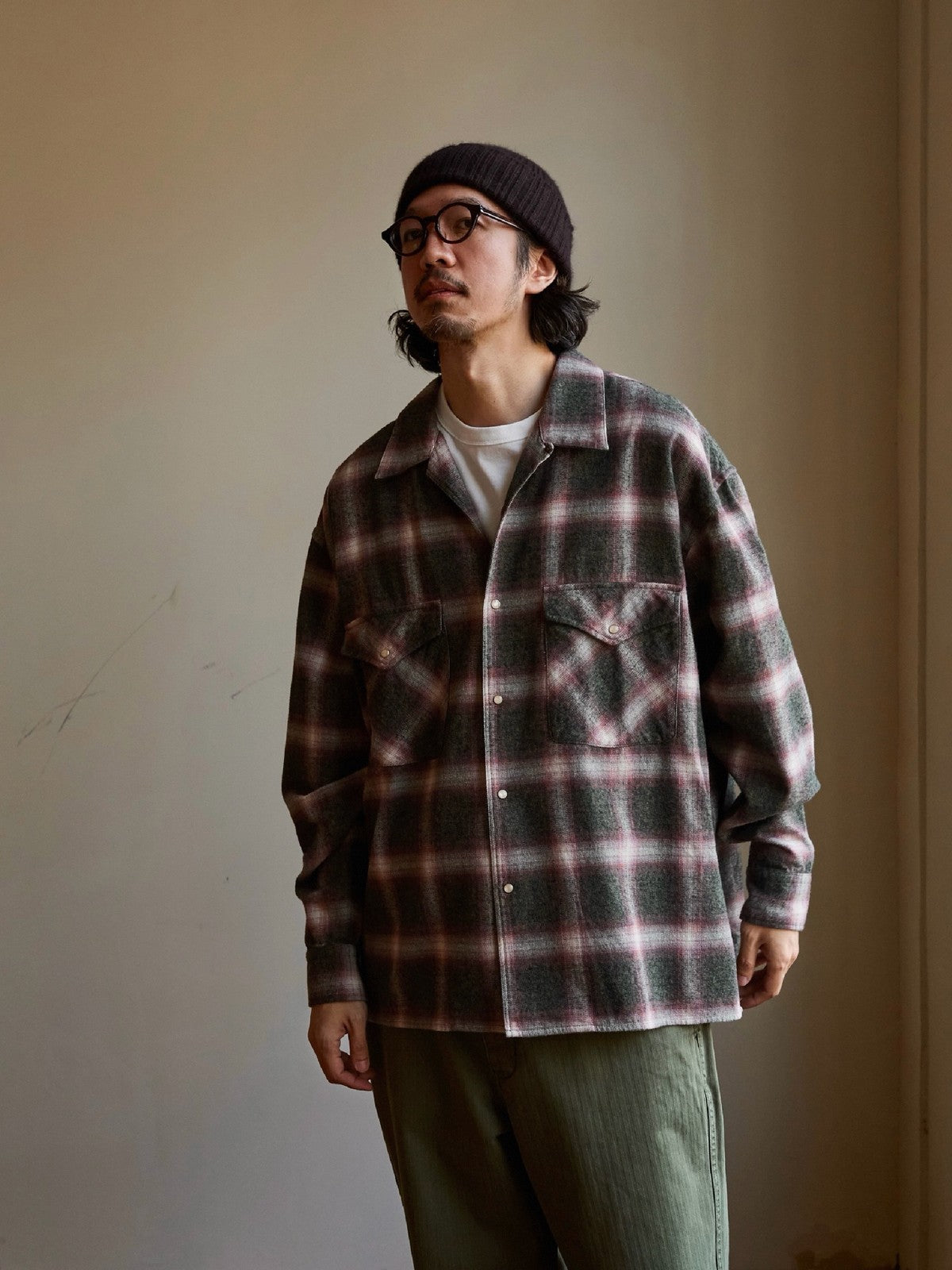 USAGE Brushed Plaid Western Shirt in Olive - On Male Model