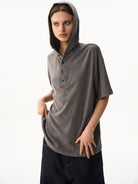 BLINDNOPLAN Hooded Short Sleeve Polo in Gray - On Female Model