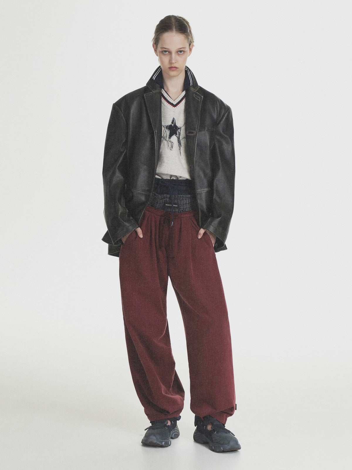 MASONPRINCE Wide Leg Inverted Pleat Sweatpants in Burgundy - On Female Model