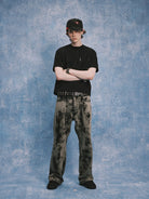 SOD Hand Tie Dye Distressed Straight Jeans in Gray - On Male Model