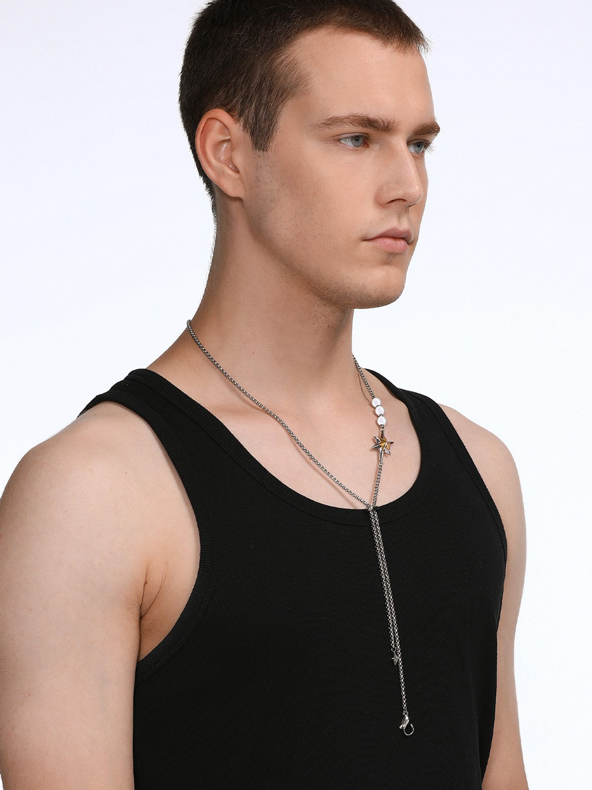 BLACKHEAD Star Pendant Pearl Layered Necklace in Gray - On Male Model