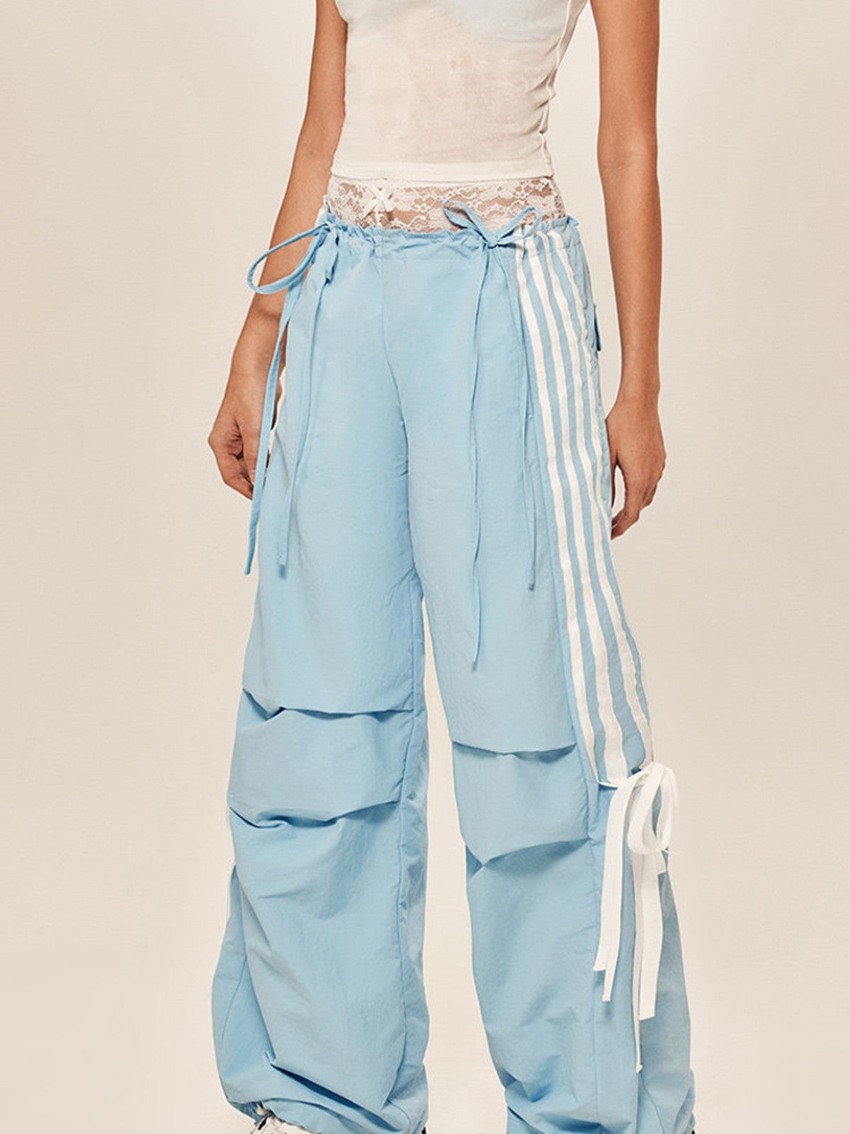 BEERBRO Drawstring Wide Leg Parachute Pants in Sky Blue - On Female Model