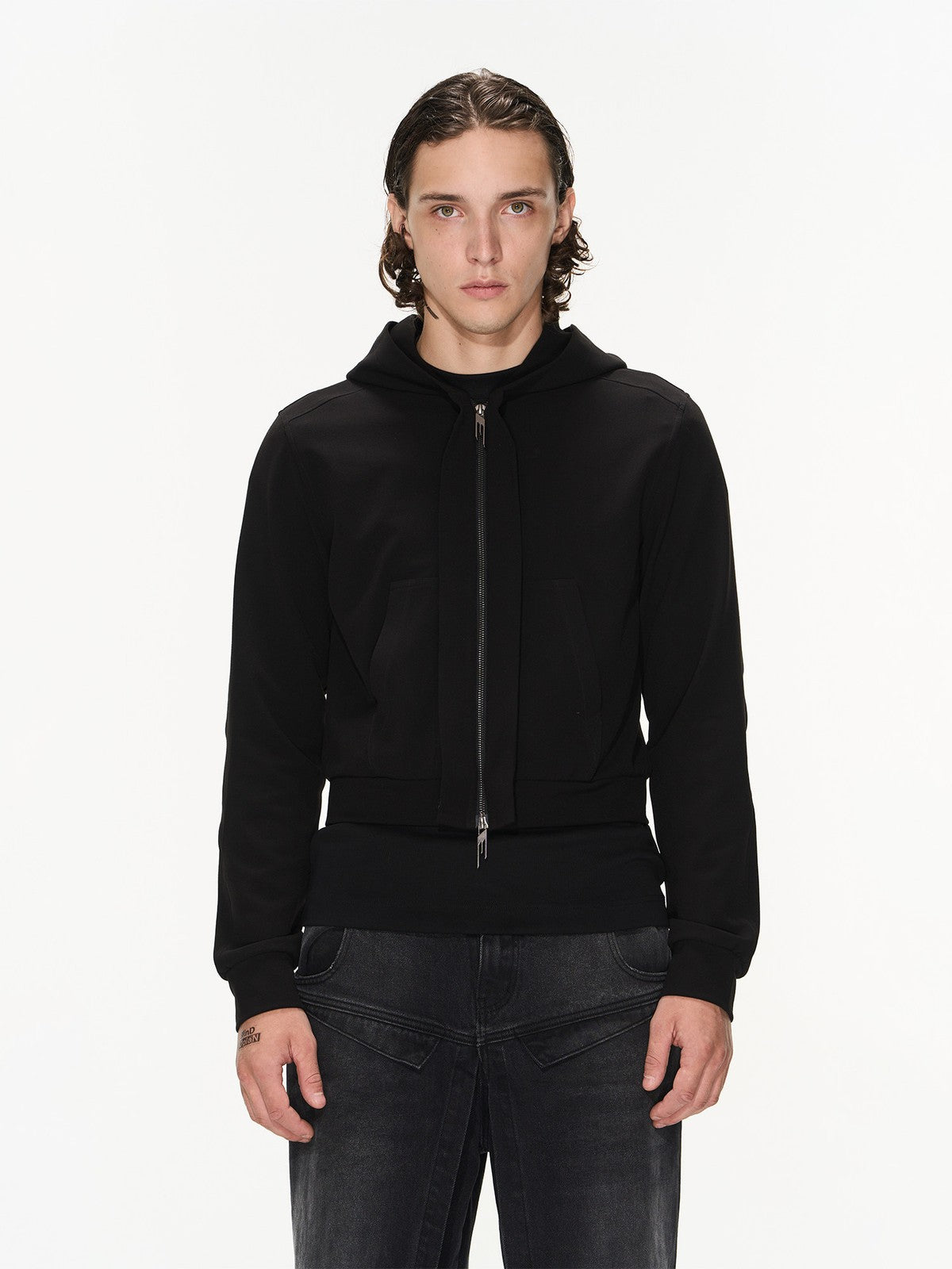BLINDNOPLAN Cropped Zip Up Hoodie with Structured Trim in Black - On Male Model